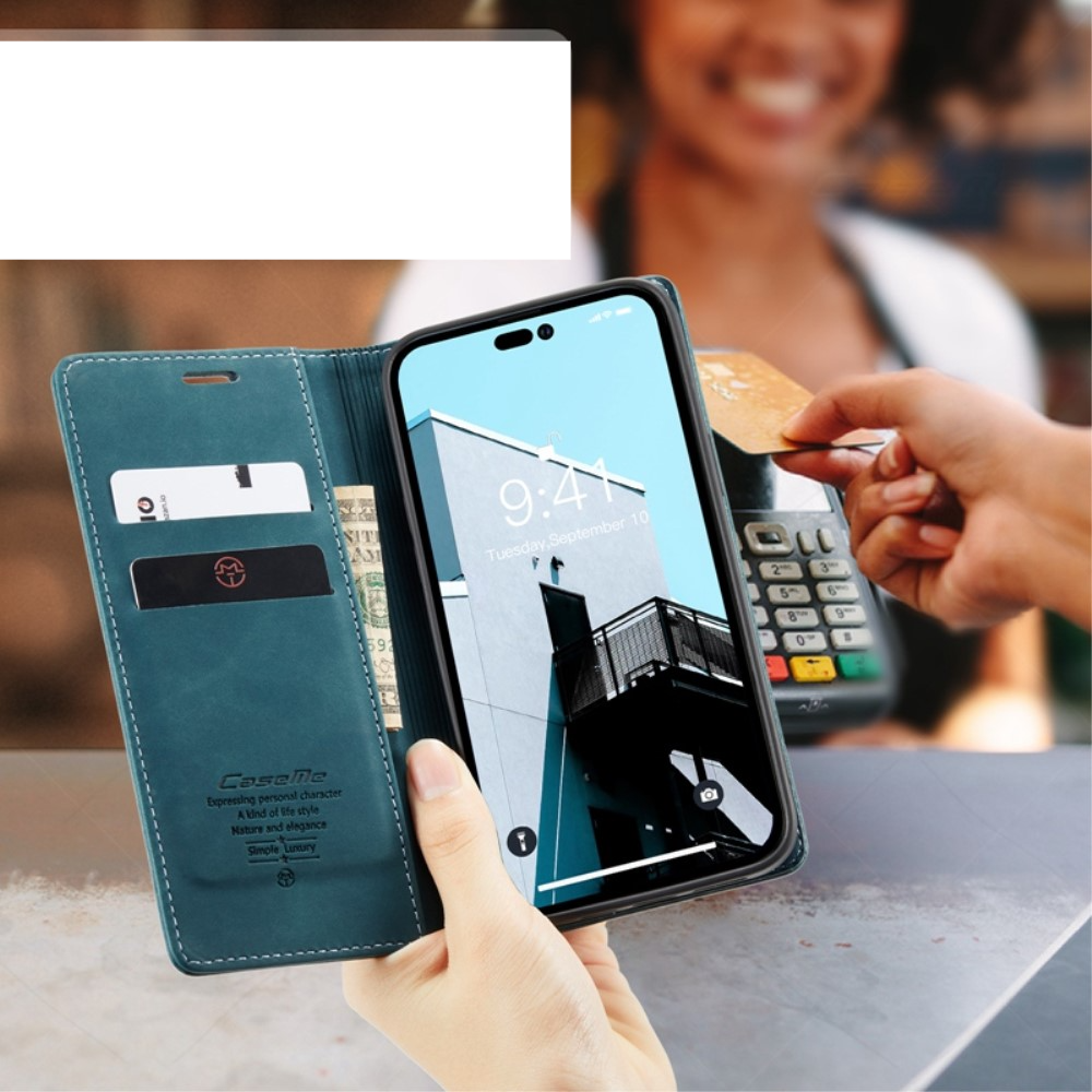 iPhone 14 Pro Leder Tasche Flip Wallet Etui mit Kartenfächern - Blaugrün