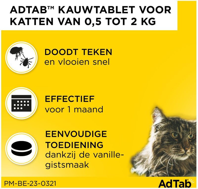 Elanco - Adtab Anti Vlooien en Teek Kauwtabletten Kat - 3 stuks - 0,5-2,0 kg