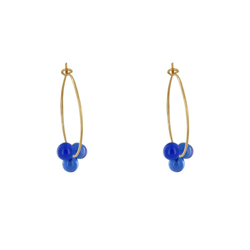 Boucles d'Oreilles Créoles Laiton Fermée et Bouquet de Perles de Verre