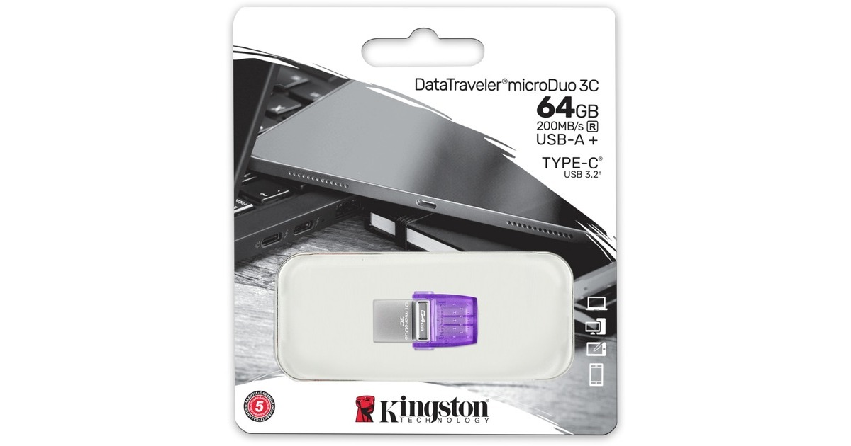 KingstonDataTraveler microDuo 3C 64 GB usb-stick  (Paars/transparant, USB-A + USB-C)
