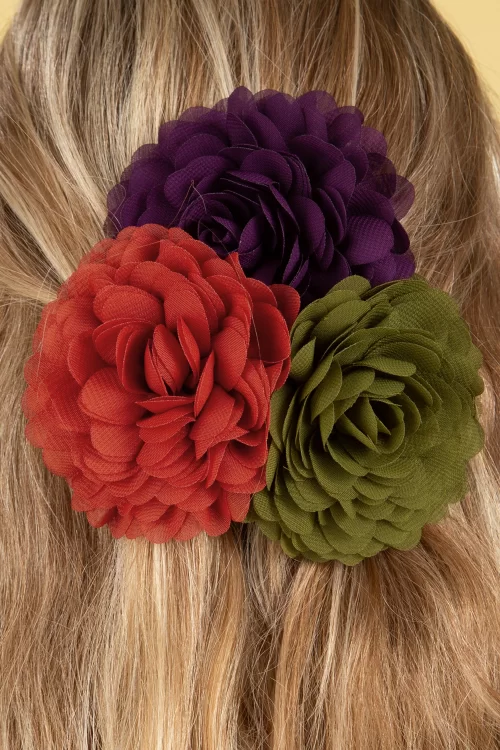 Urban Hippies Hair Flowers set in olijf, pruimpaars en kleirood
