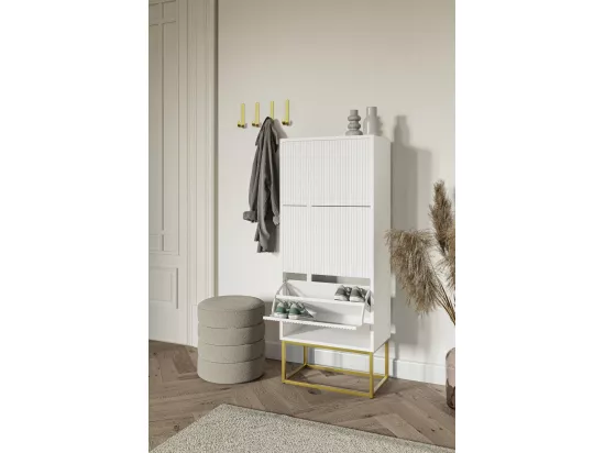 Meuble à chaussures 3 portes - 50x30x125 cm - blanc avec pieds dorés - VELDIO
