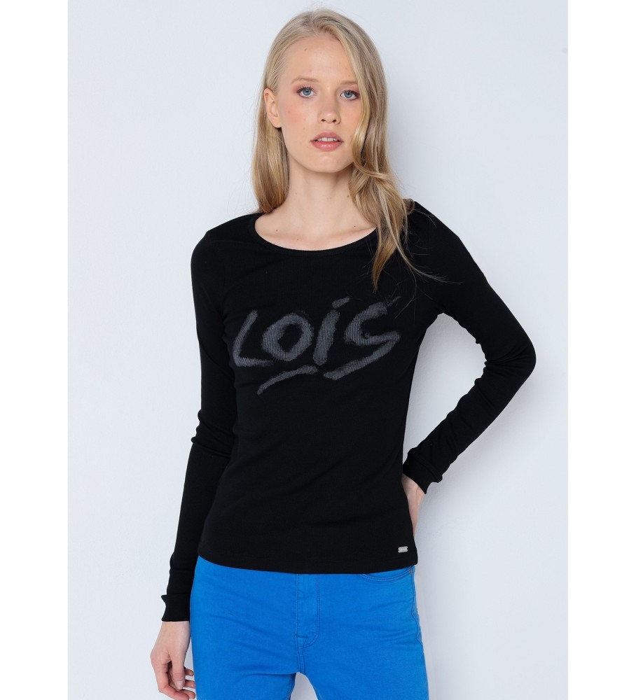 Camiseta preta de manga comprida e corte justo Lois