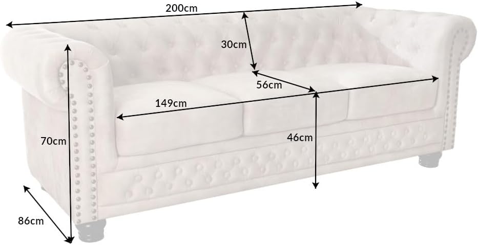 Riess Ambiente Chesterfield 3er Sofa 200cm Samt Champagner beige 3-Sitzer mit Knopfheftung und Federkern Couch Samtcouch Samtsofa Wohnzimmer gepolstert