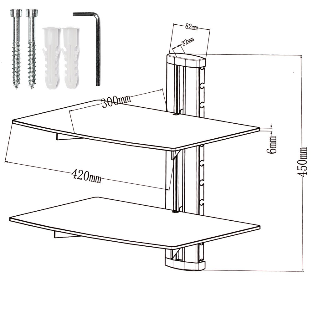 tectake® Wandregal, mit 2 Ablagen, höhenverstellbar, 45 x 42 x 30 cm