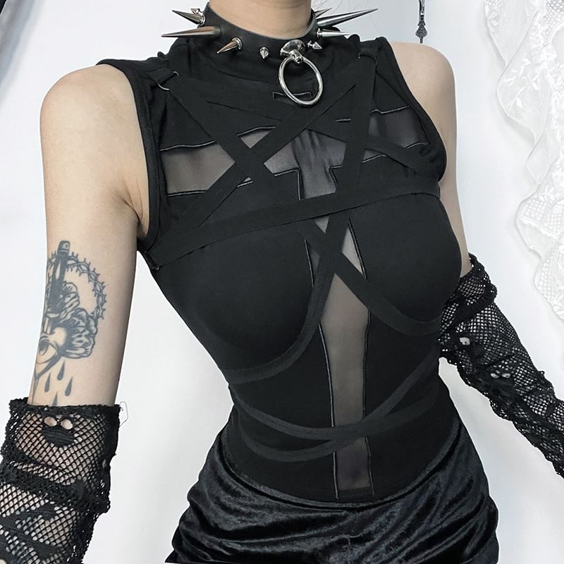 meadowdrop - Mouwloze crop top met col en kruisvormig mesh-paneel