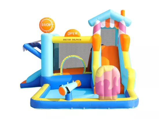 Château gonflable avec auvent, toboggan, trampoline, pistolets à eau - parc aquatique avec souffleur - 395x340x236cm