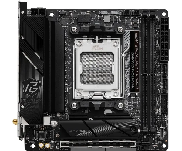 ASRock Phantom Gaming B650I Lightning WiFi - Bundkort - mini ITX - Socket AM5 - AMD B650 Chipset - USB-C 3.2 Gen2, USB-C 3.2 Gen 1, USB 3.2 Gen 2, USB 3.2 Gen 1 - 2.5 Gigabit LAN, Wi-Fi 6E, Bluetooth - onboard grafik (CPU påkrævet) - HD Audio (8-kana