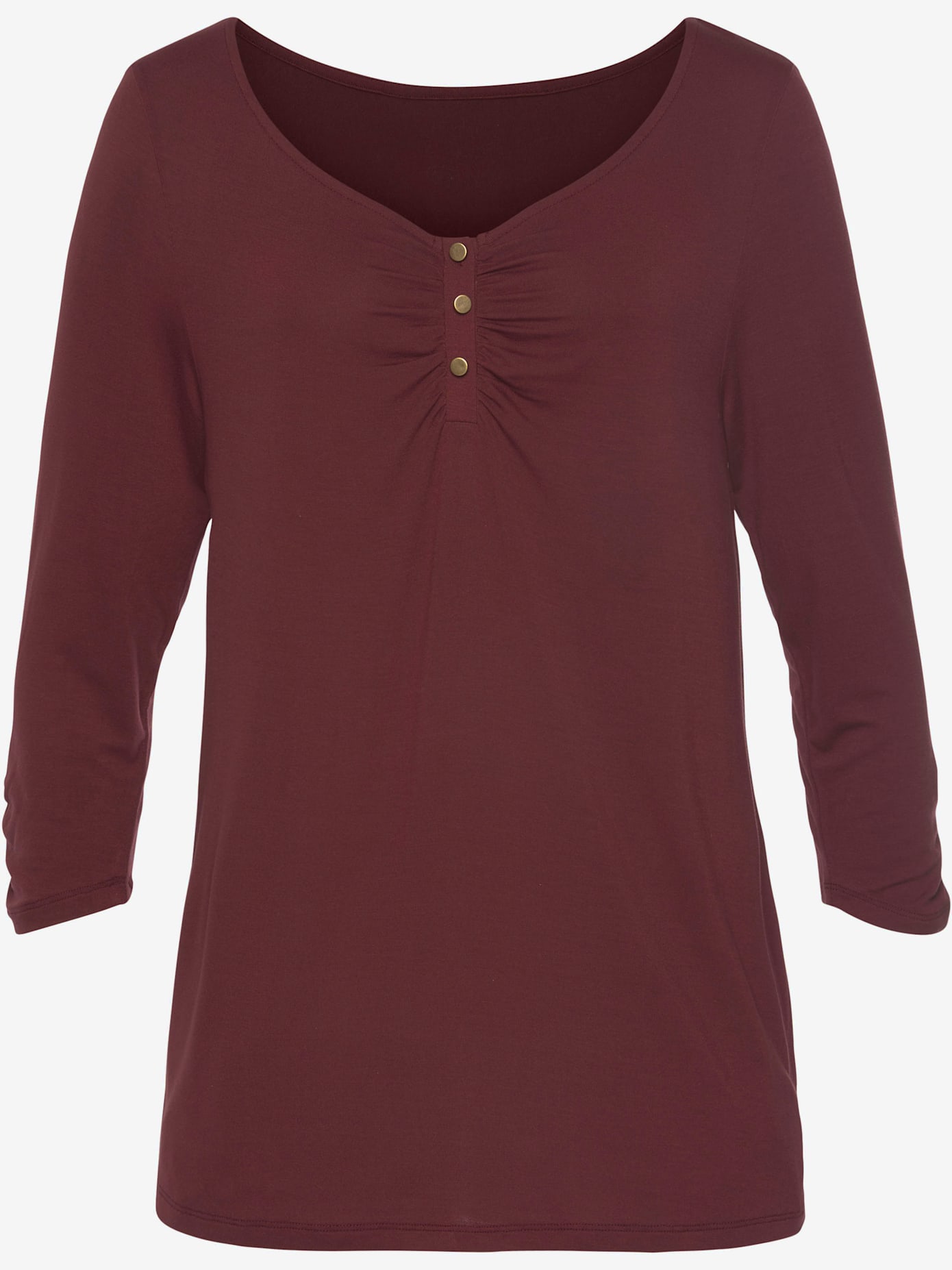 T-shirt à manches 3/4 encolure avec patte de boutonnage, légères fronces et boutons couleur or