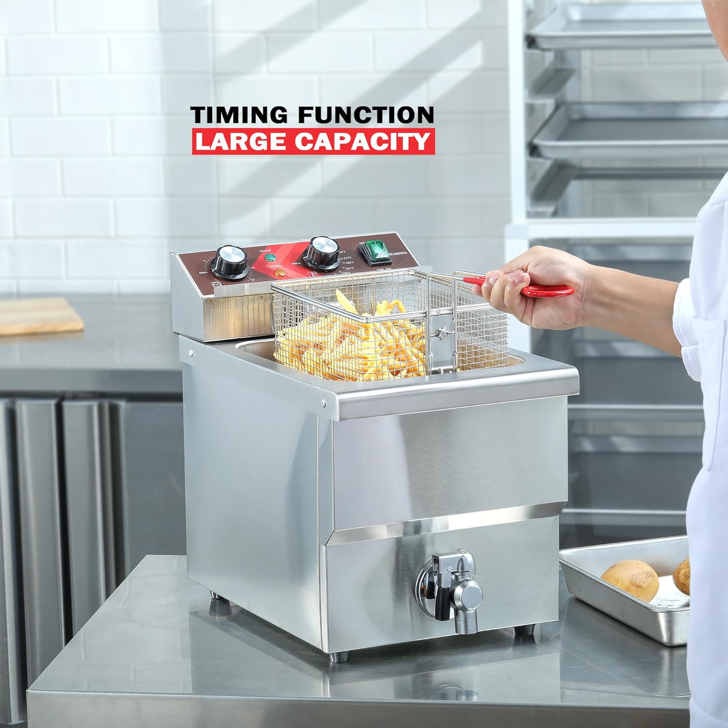 EGGKITPO Fritteuse 12 l Große elektrische Fritteuse mit Ölablass und Timer Fritteuse mit Korb und Deckel Edelstahl-Tischfritteuse Gewerbliche Fritteuse für Restaurants und die Küche 220V 3000W