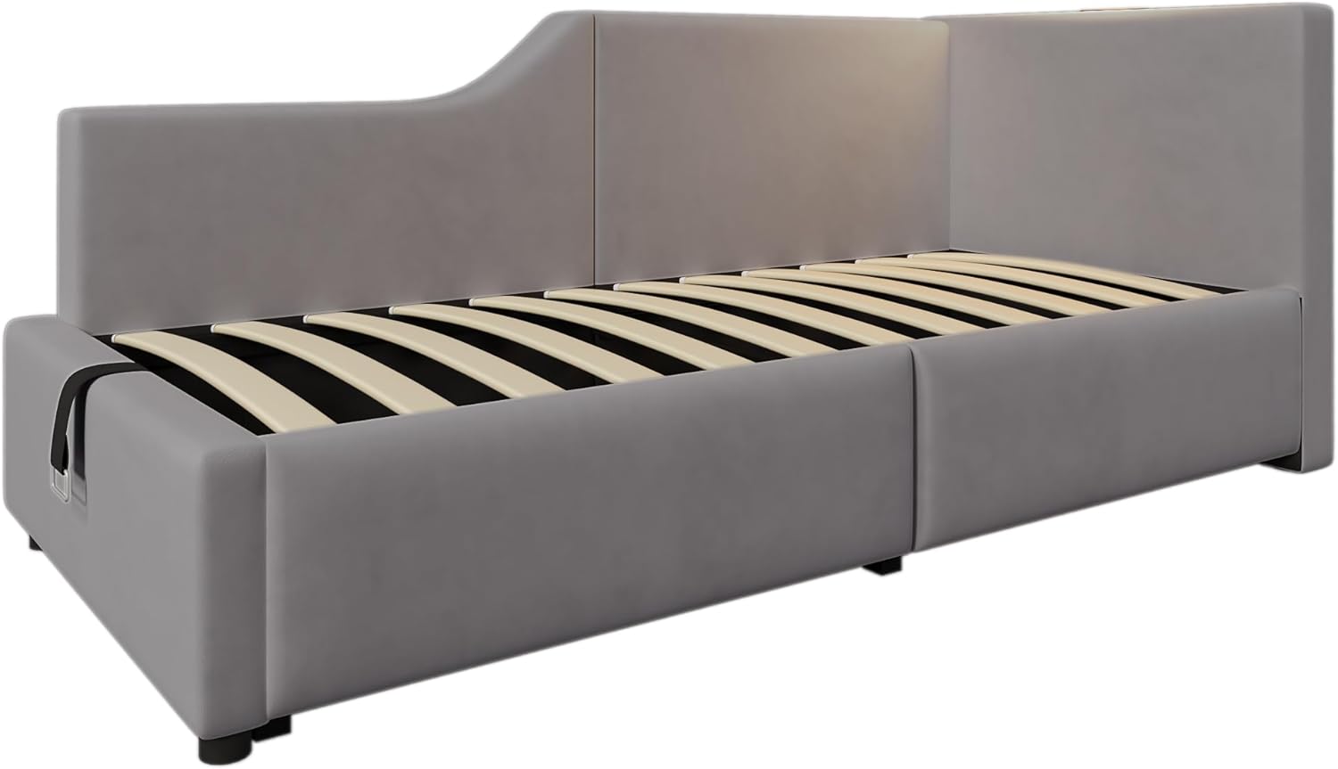 Polsterbett Tagesbett Daybett 90x190cm, Schlafsofa mit hydraulischem Stauraum, Leselichtfunktion und USB-C-Ladefunktion, Jugendbett Bettgestell, Samt (Grau, 90×190cm)