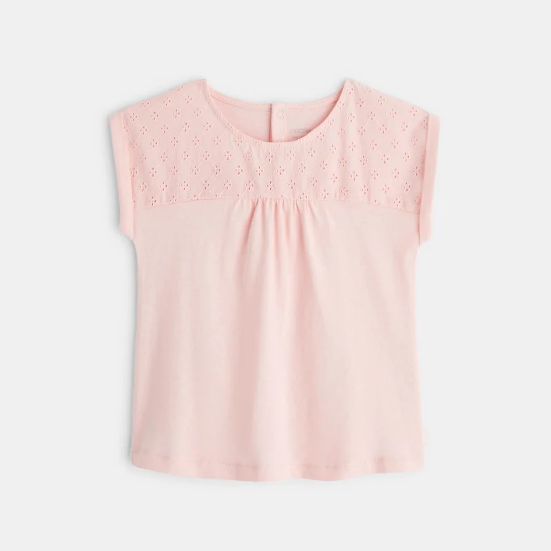 T-shirt bi-matière broderie anglaise rose bébé fille Rose