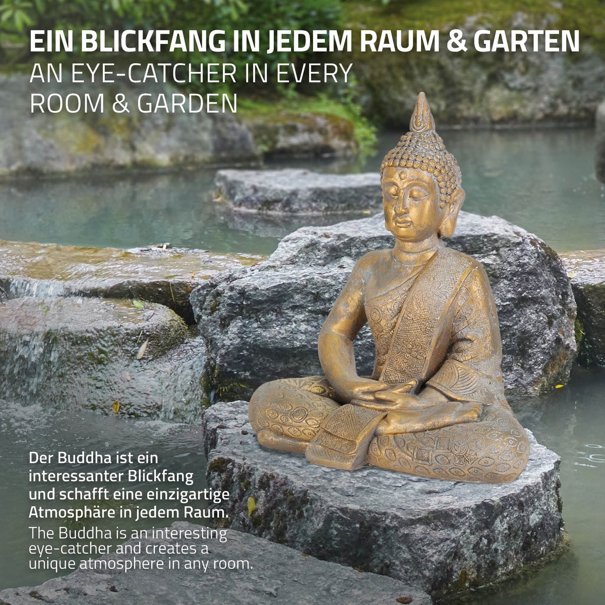 ECD Duitsland Boeddhabeeld, zittend, 48 cm hoog, gemaakt van weerbestendig polyresin, brons, Feng Shui, Boeddhabeeld als decoratie voor huis, appartement en tuin, tuinbeeld, decoratief figuur, sculptuur voor binnen en buiten