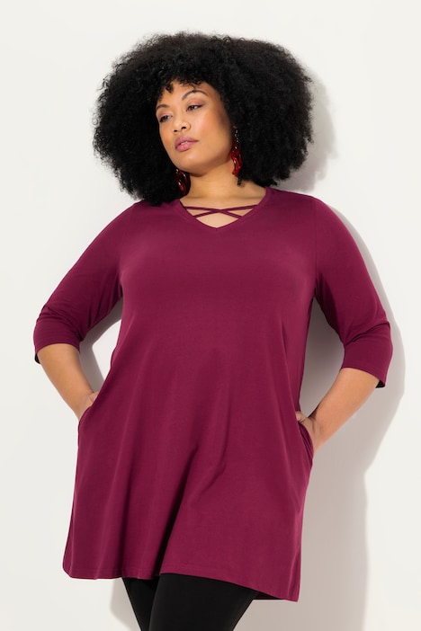 Longshirt, Zierbänder, A-Linie, V-Ausschnitt, 3/4-Arm