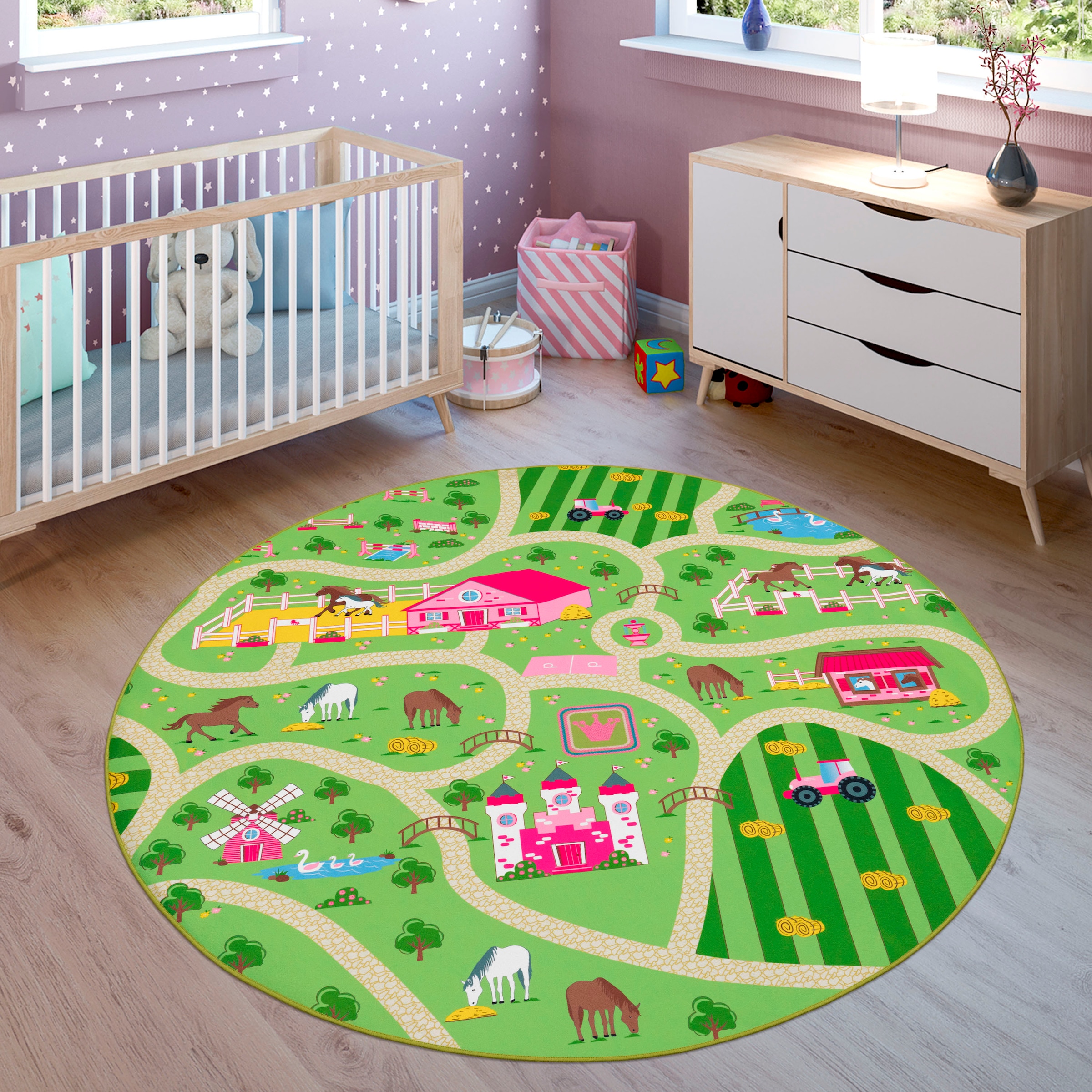 Paco Home Kinderteppich »Bino 560« rund 4 mm Höhe Kurzflor, Strassen-Spiel-Teppich, Motiv Bauernhof, Kinderzimmer