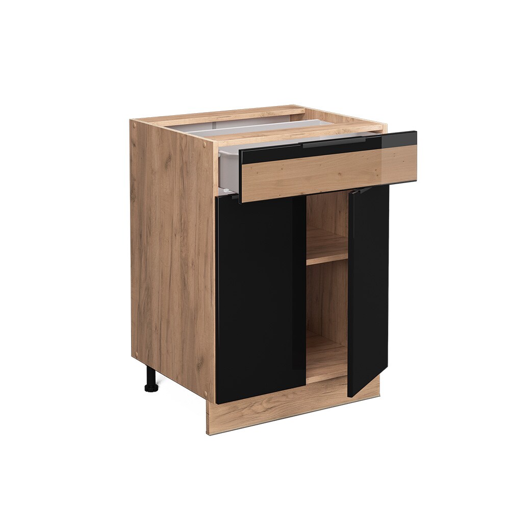 Vicco Schubunterschrank Küchenschrank Küchenmöbel Fame-Line Eiche Schwarz 60 cm modern Hochglanz