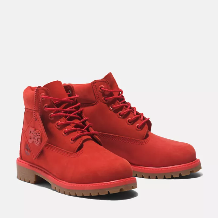 Bota Timberland Premium de 6 polegadas impermeável, edição 50, para jovens, na cor vermelha.
