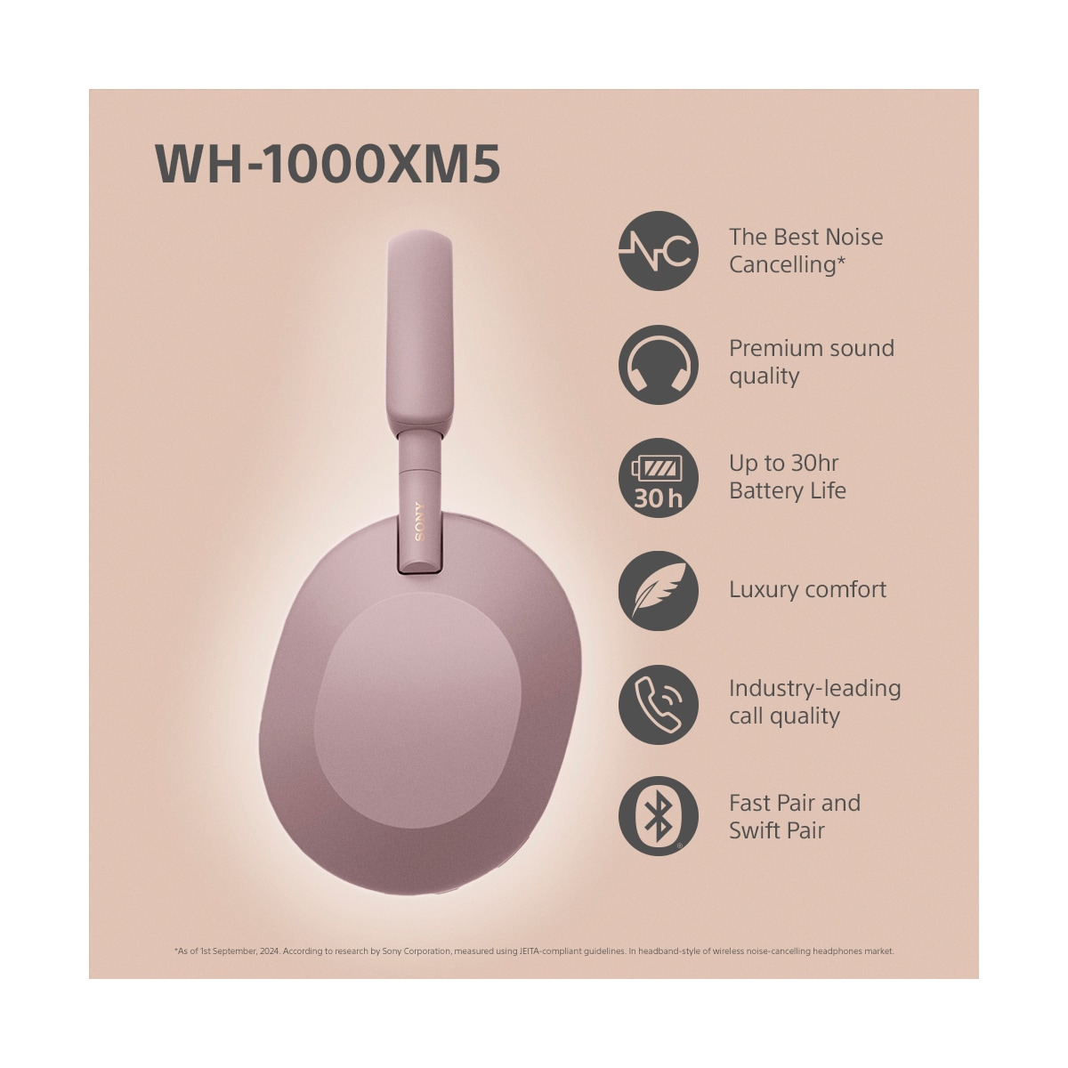 Sony WH-1000XM5 trådløse around-ear hodetelefoner (smoky pink)