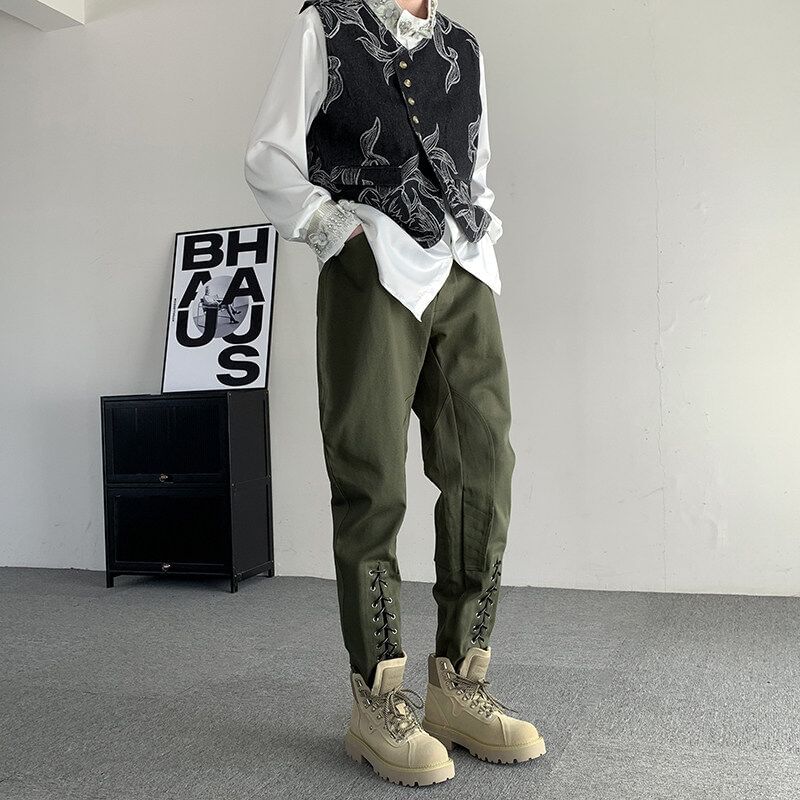 Orungeetun - Mid Rise Plain Lace Up Crop Tapered Pants