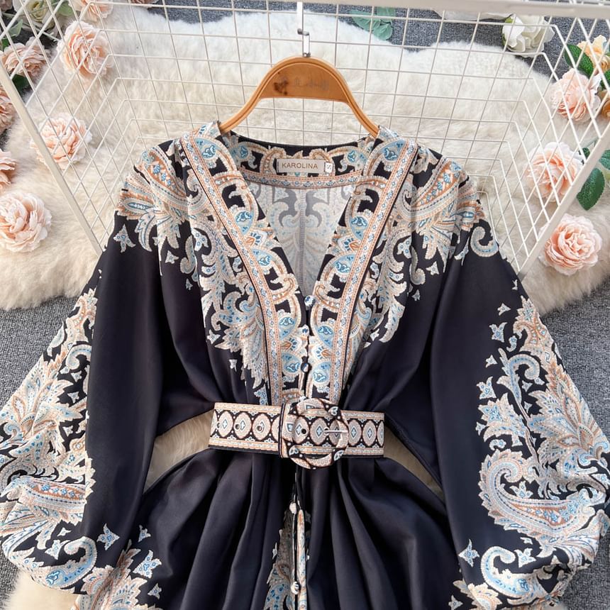 Lucuna - Mini A-lijn jurk met ballonmouwen, V-hals, patroonprint, knoopsluiting en riem