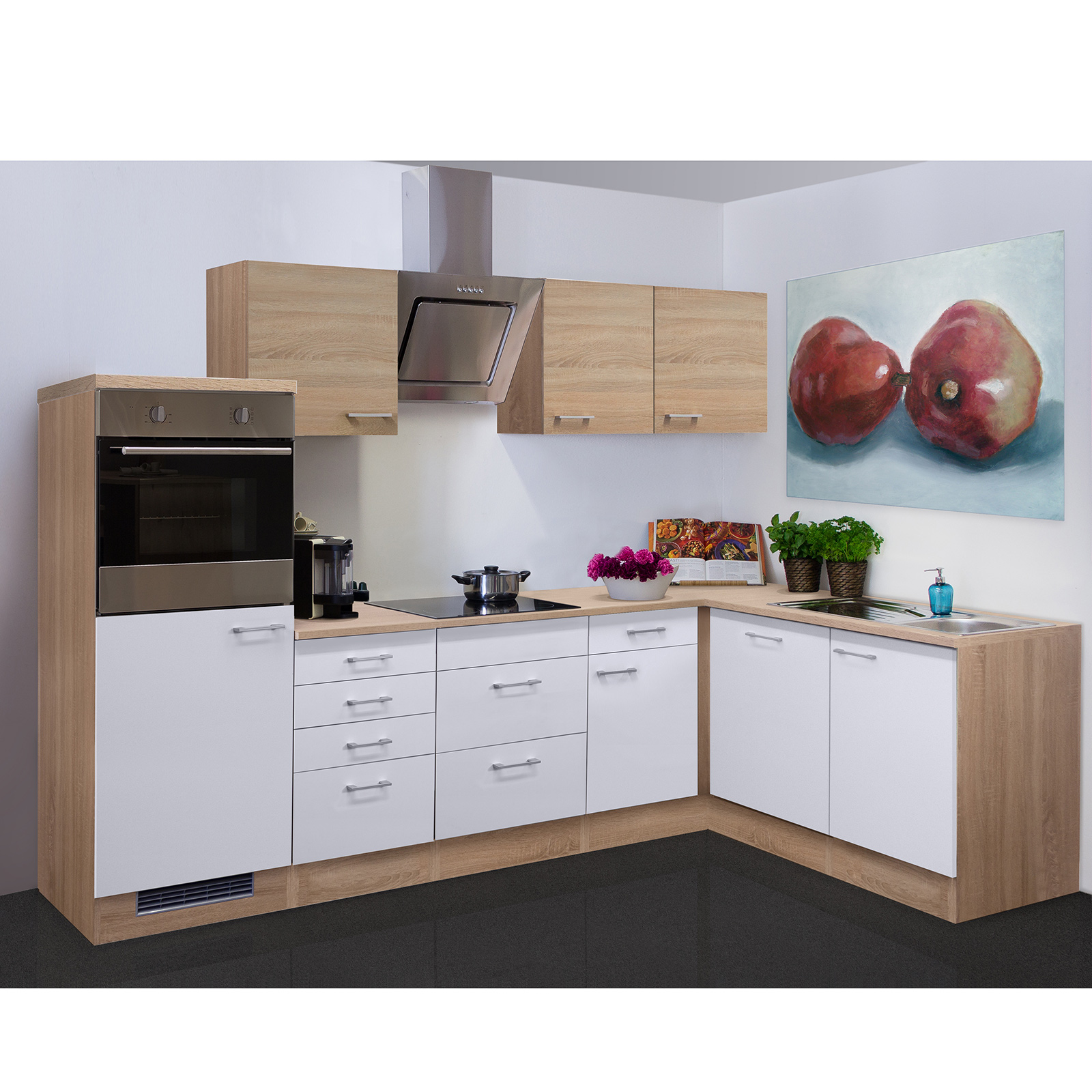 Winkelküche SAMOA - weiß-Sonoma Eiche - mit E-Geräten - 280x170 cm