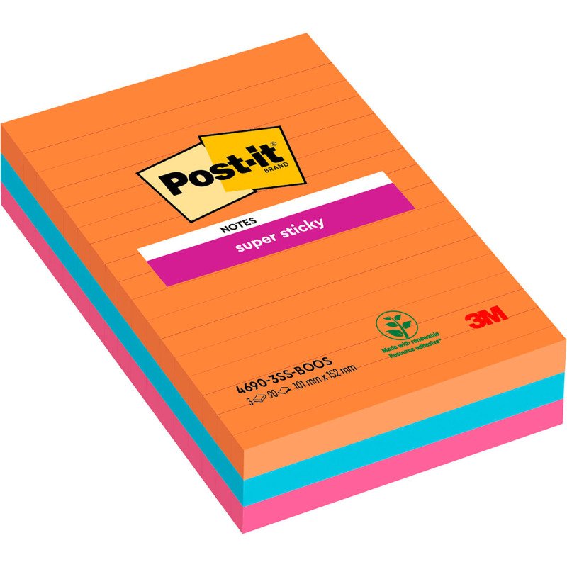 Notes lignées repositionnables couleurs Boost Super Sticky Post-it 101 x 152 mm assortis - bloc de 90 feuilles