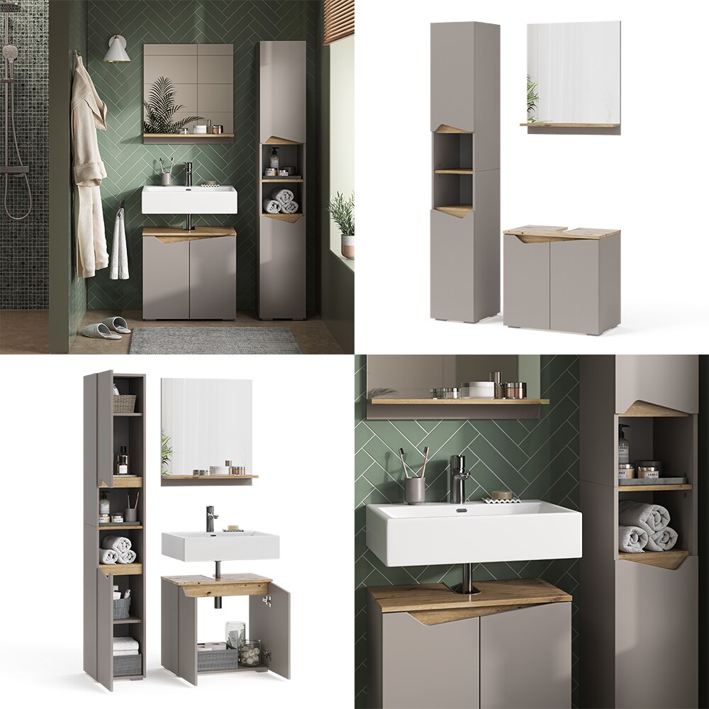 Vicco Badmöbel-Set Marelle Greige Eiche 3 Teile Hochschrank