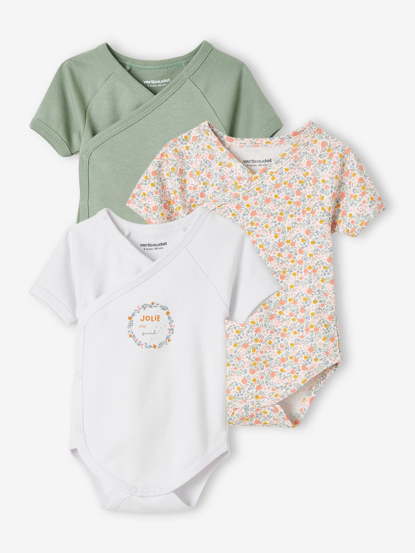 Conjunto de 3 bodies florais de manga curta para recém-nascidos, verde claro, bicolor/multicolorido