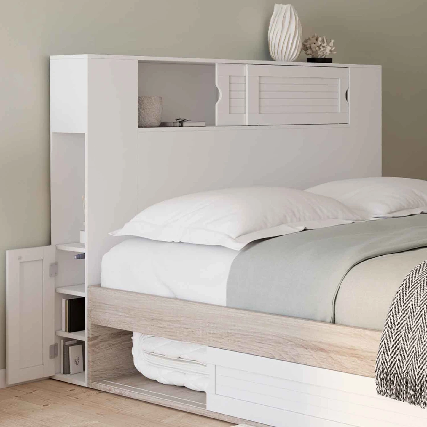 Tête de lit sur pied SALEM 145 cm avec rangements fermés et niches blanc
