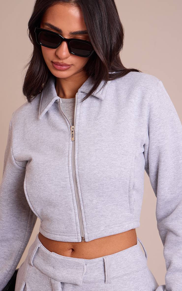 Gris Chiné Sweat Court Zippé À Col Pour Petite Taille