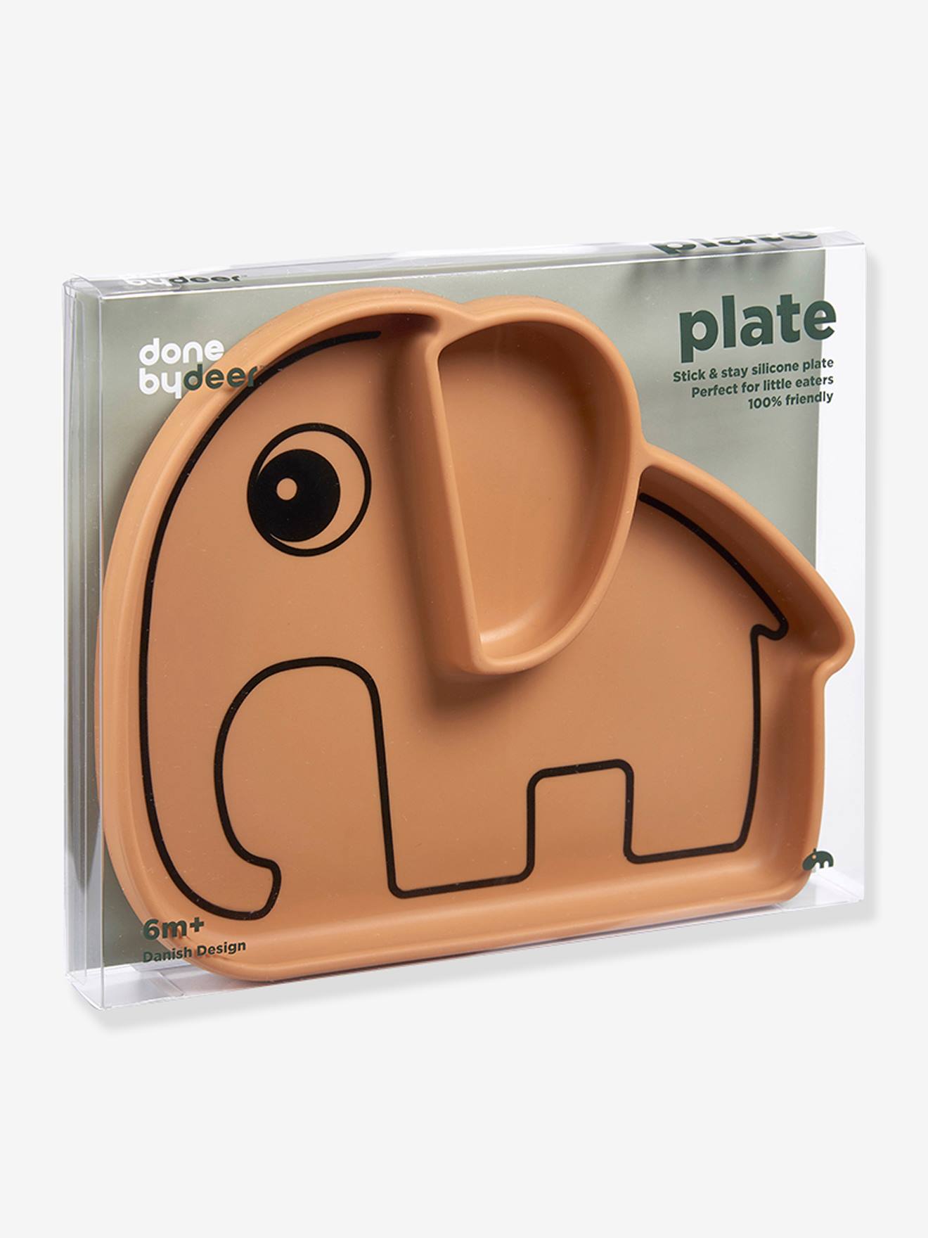 Prato elegante Stick&Stay da DEER, em silicone amarelo escuro liso com estampa.
