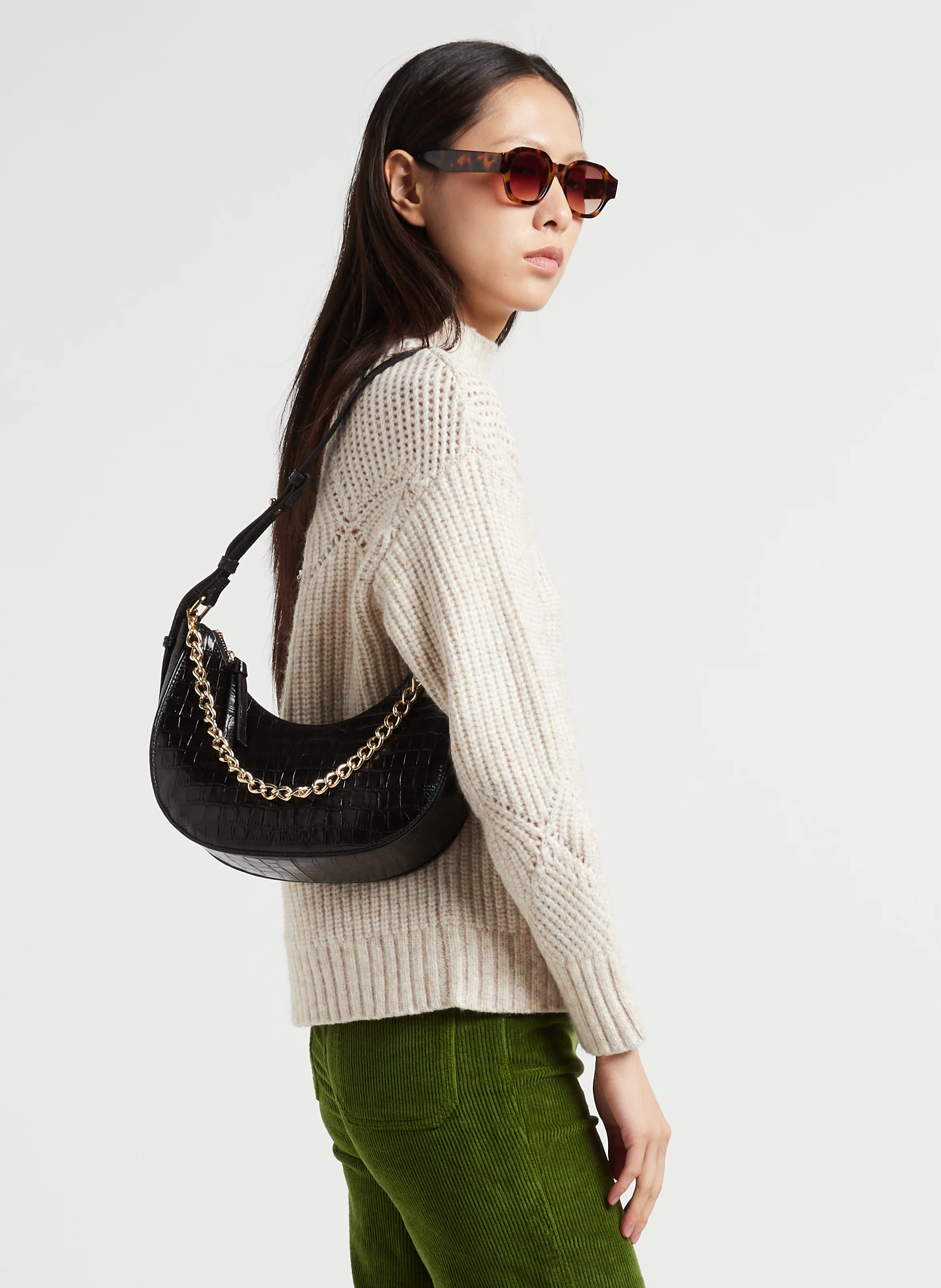 AURA - Sac épaule en cuir embossé croco | Noir