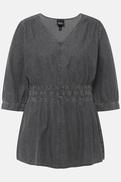 Jeansbluse, Quernaht, A-Linie, V-Ausschnitt, 3/4-Arm