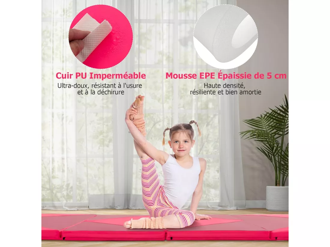 Tapis de Gymnastique Pliable Epais 240x117x5CM, Matelas d'Entrainement en Mousse et PU avec Poignées, pour Gymnastes Entraînements Sportifs Yoga (Rose et Rouge)