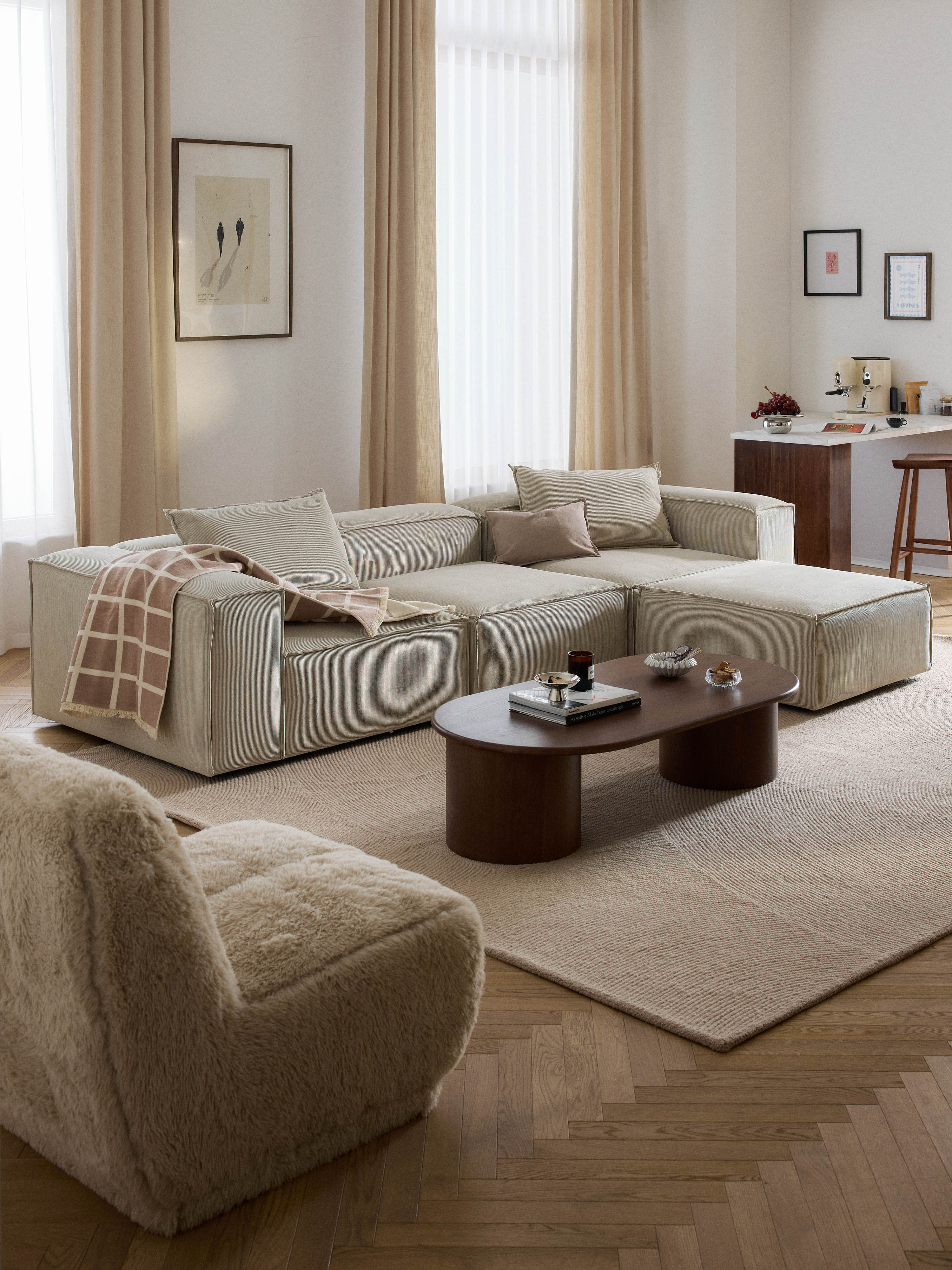 Modulaire bank Lennon (4-zits) van corduroy met poef (links/rechts)