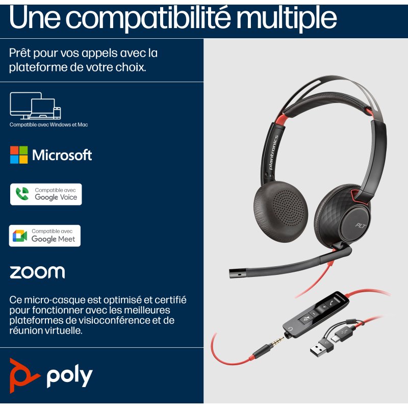 HP Poly Micro-casque stéréo USB-C Poly Blackwire 5220 + prise 3,5 mm + adaptateur USB-C/A (lot)