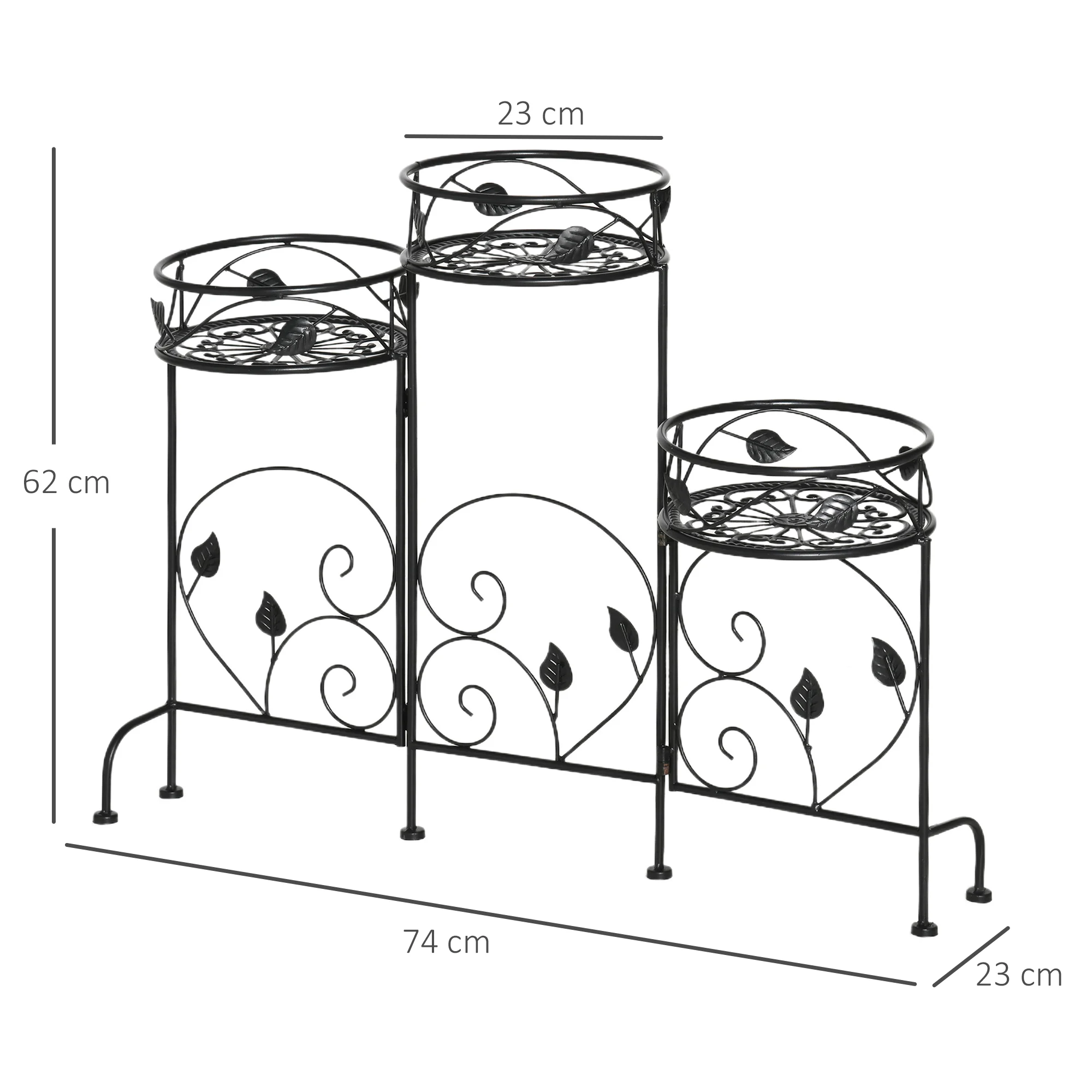 Suporte de metal para plantas Outsunny, suporte dobrável para vasos de flores com 3 prateleiras, decoração para ambientes internos e externos, ideal para jardim, terraço e varanda, 74 x 23 x 62 cm, preto.