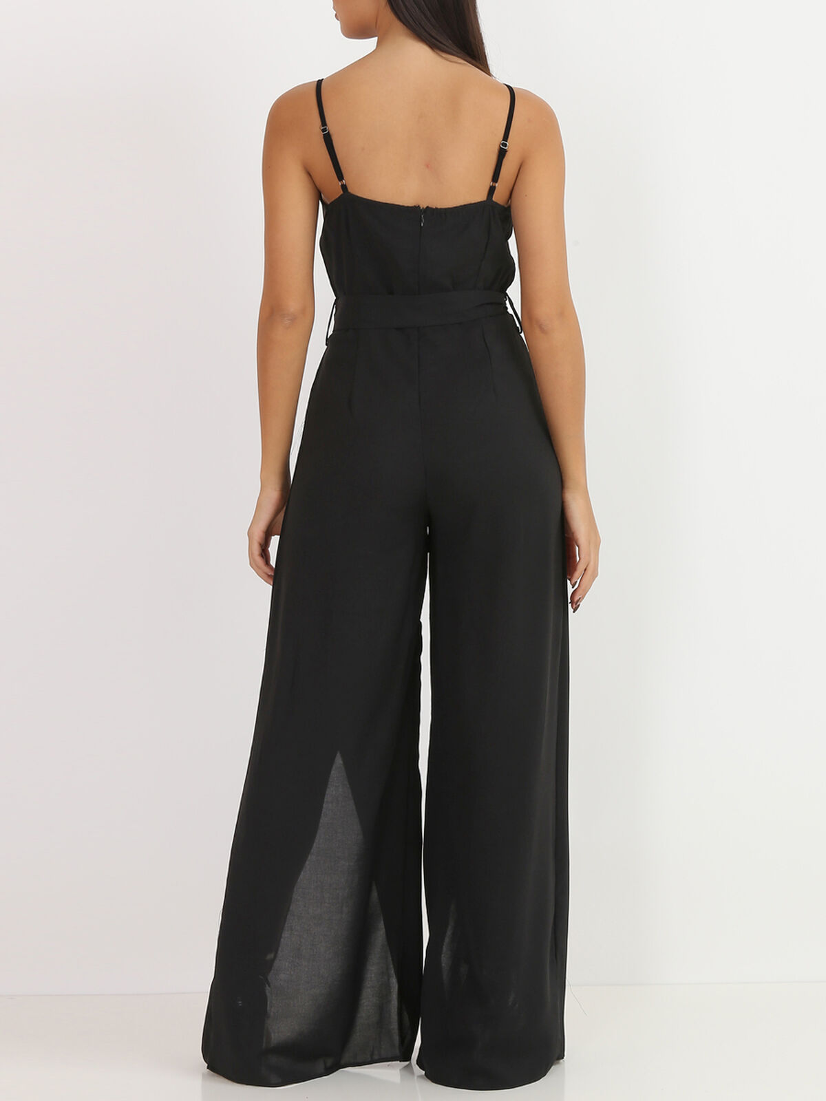Combinaison fluide fendue avec ceinture- Noir