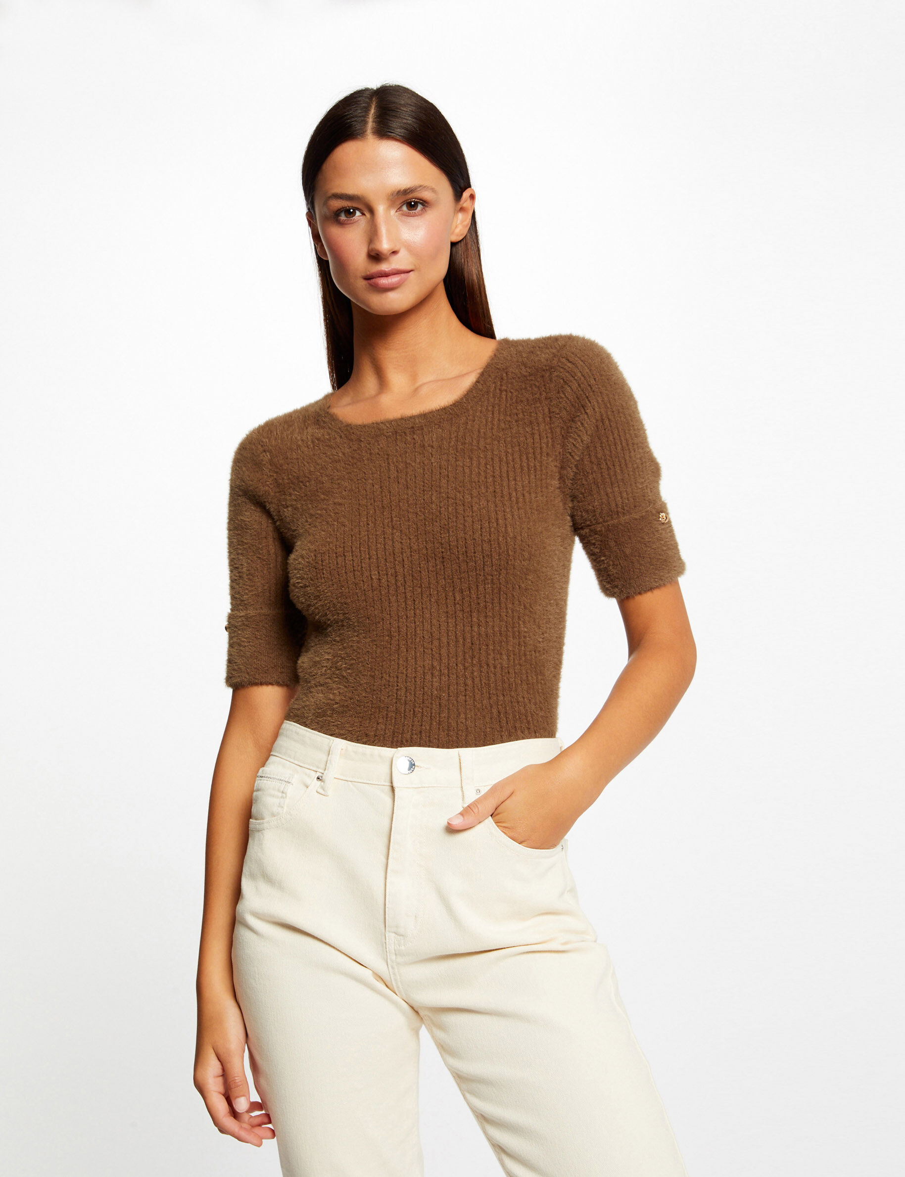 Pull manches courtes côtelé vert moyen femme - vert_moyen