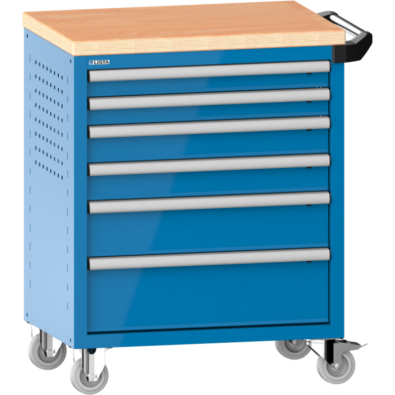 LISTA - Chariot d'atelier H 94,5 x L 83,3 x P 52,5, revêtement en bois multiplex, 6 tiroirs