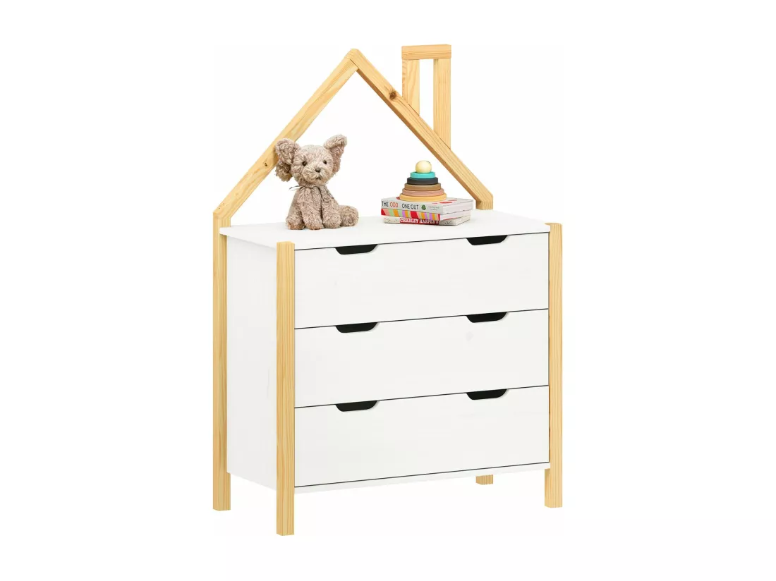 Commode Enfant ELANO en Bois Massif coloris naturel et blanc avec 3 Tiroirs de Rangement, 84 x 120 x 41 cm