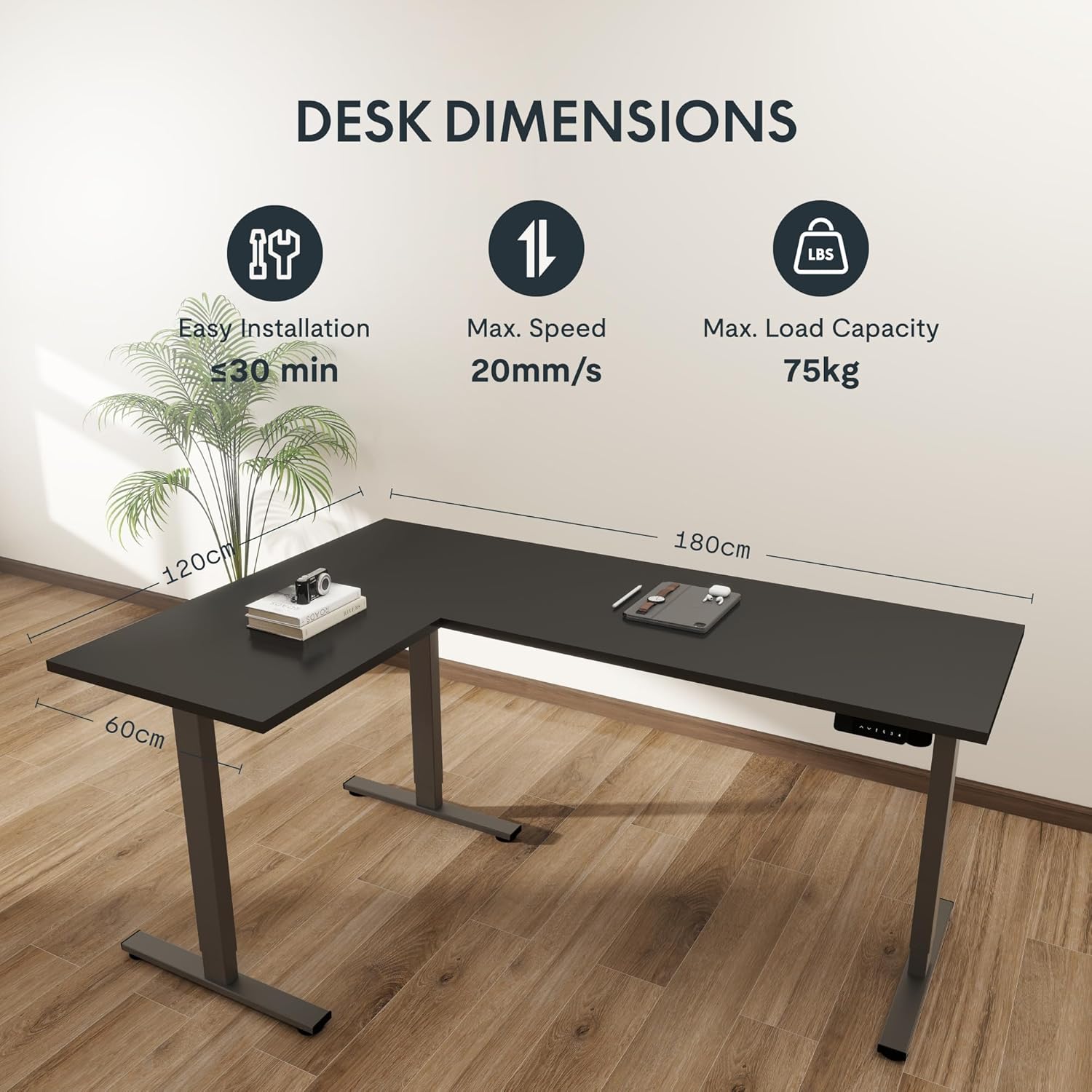 FLEXISPOT 180 * 120cm Höhenverstellbarer Schreibtisch Elektrisch, mit 4 Speicher-Tasten，L-förmiger Eckschreibtisch mit 3 Beinen, Verstellbarer Schreibtisch (Schwarz)