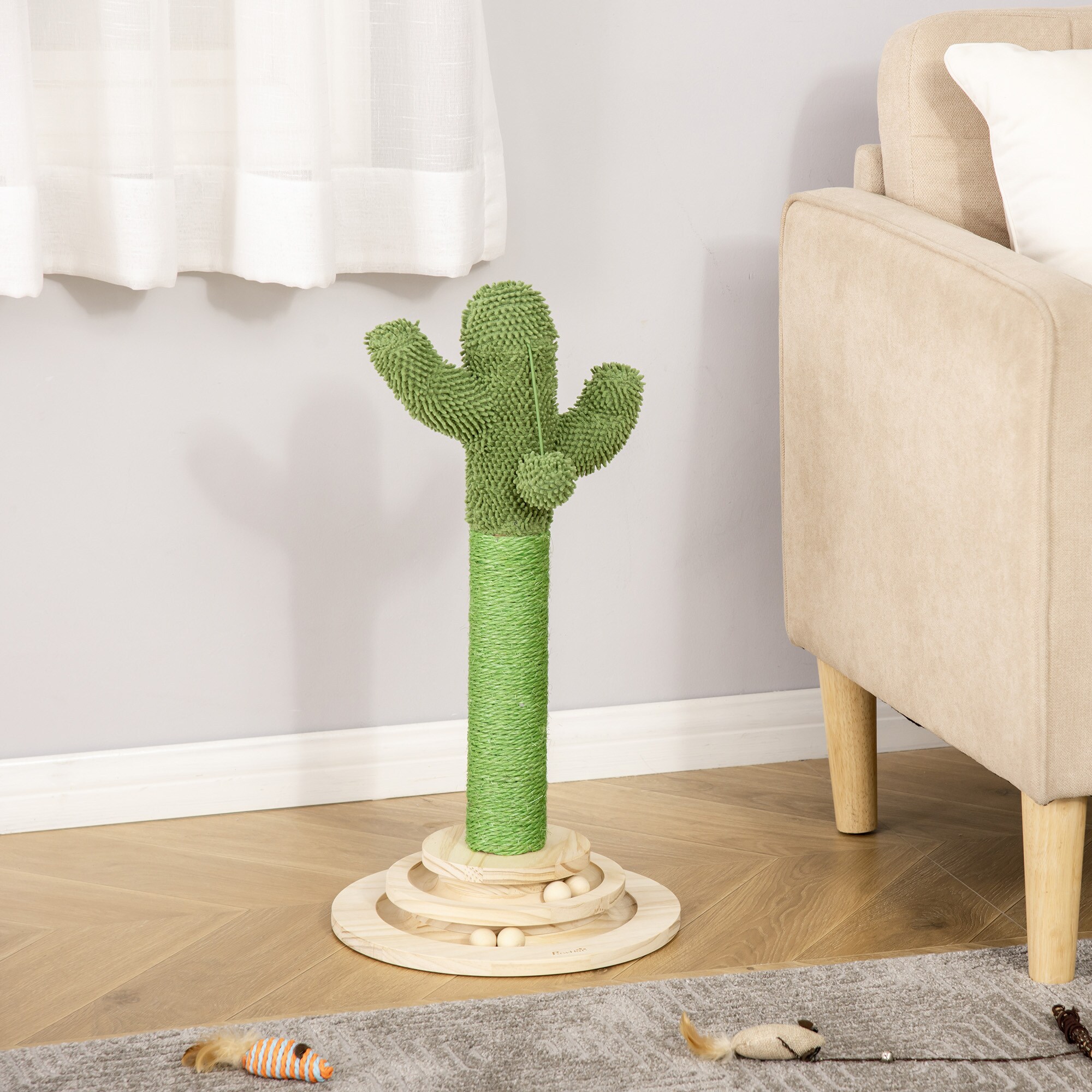 PawHut Kratzbaum mit Holzkugel-Spielzeug bunt 32L x 32B x 60H cm