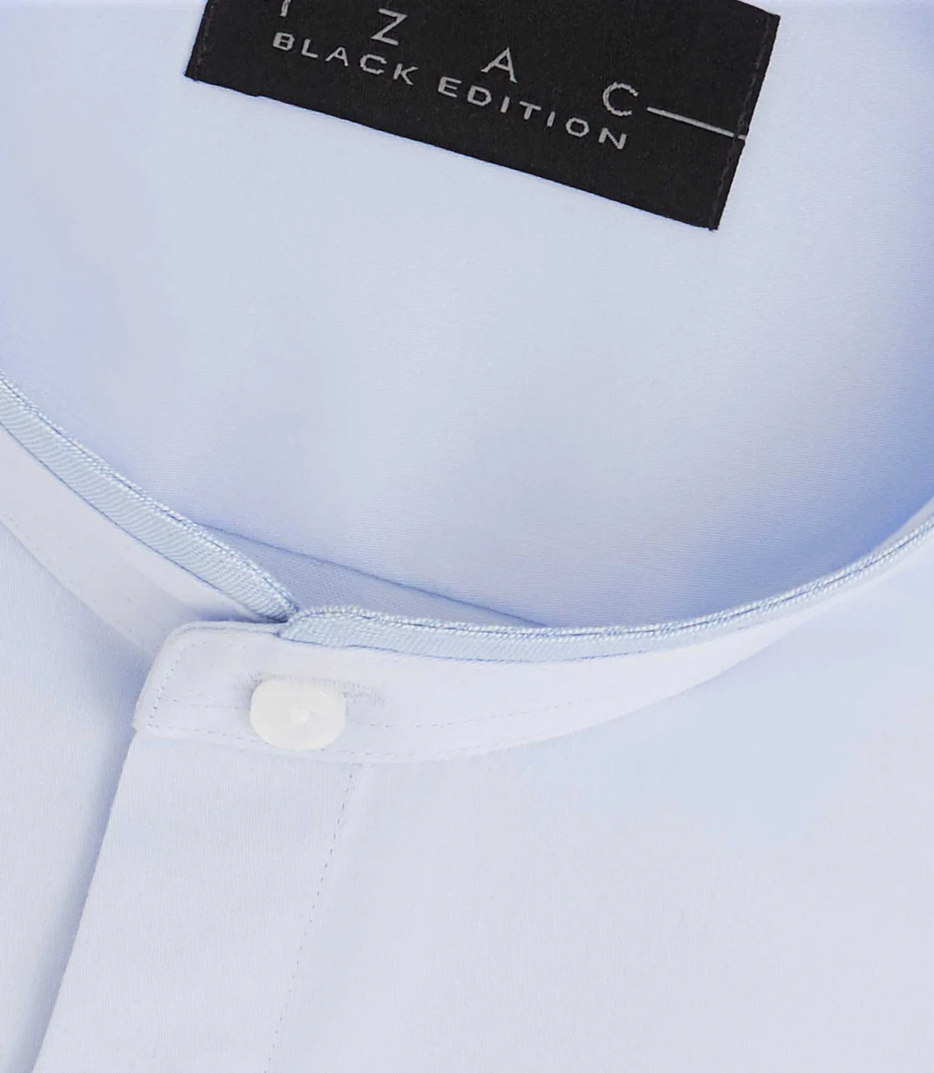 Chemise satin stretch col mao ciel 