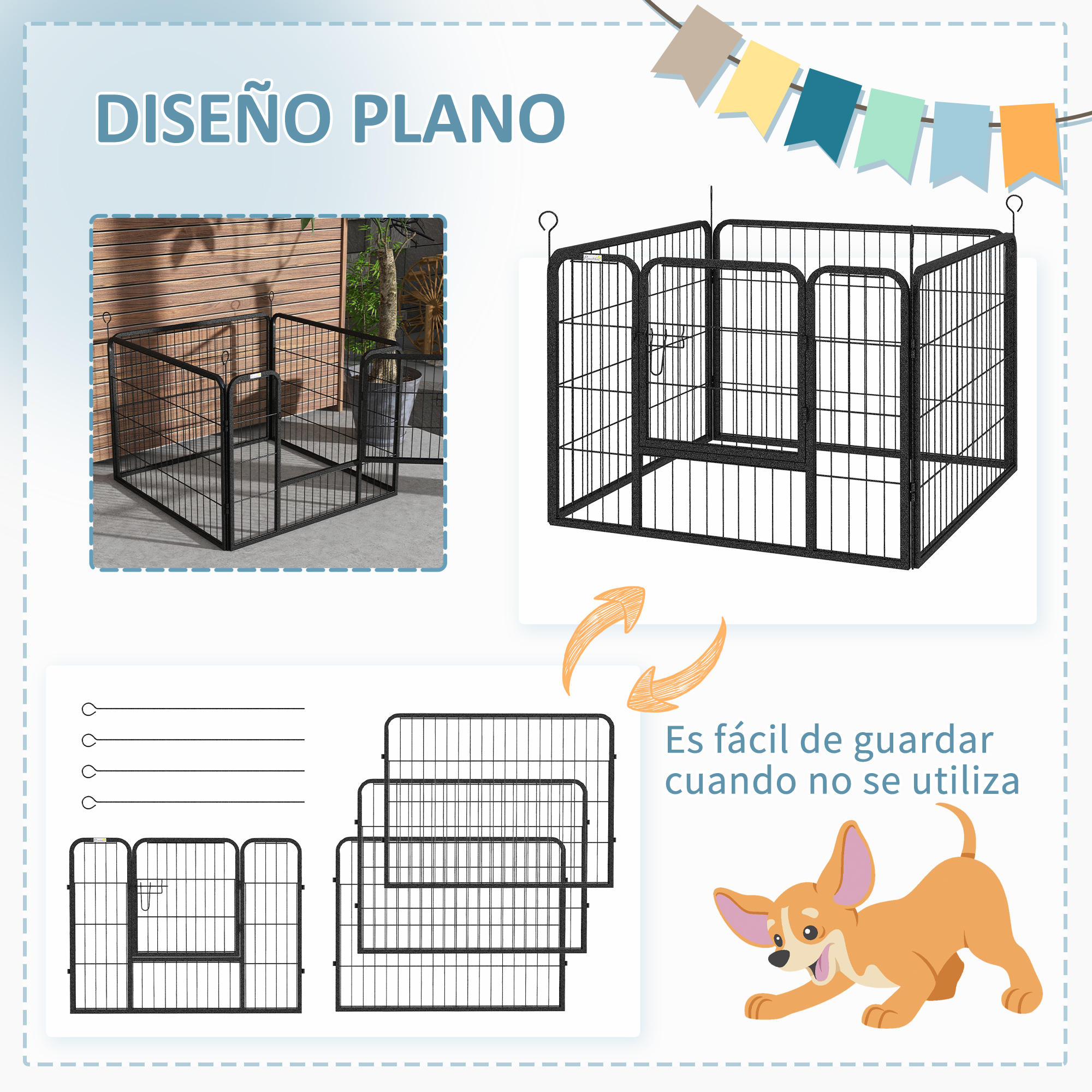 Parque para cães PawHut com 4 painéis, 82x82x60 cm, dobrável, com porta de trava e estrutura metálica, para uso interno e externo, cinza.