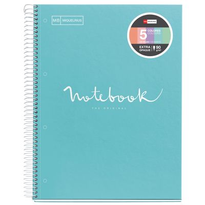 Notebook Emotions, couverture rigide, A4 lignes horizontales 7 mm 120 feuilles de 5 couleurs, Miquelrius, Bleu ciel.