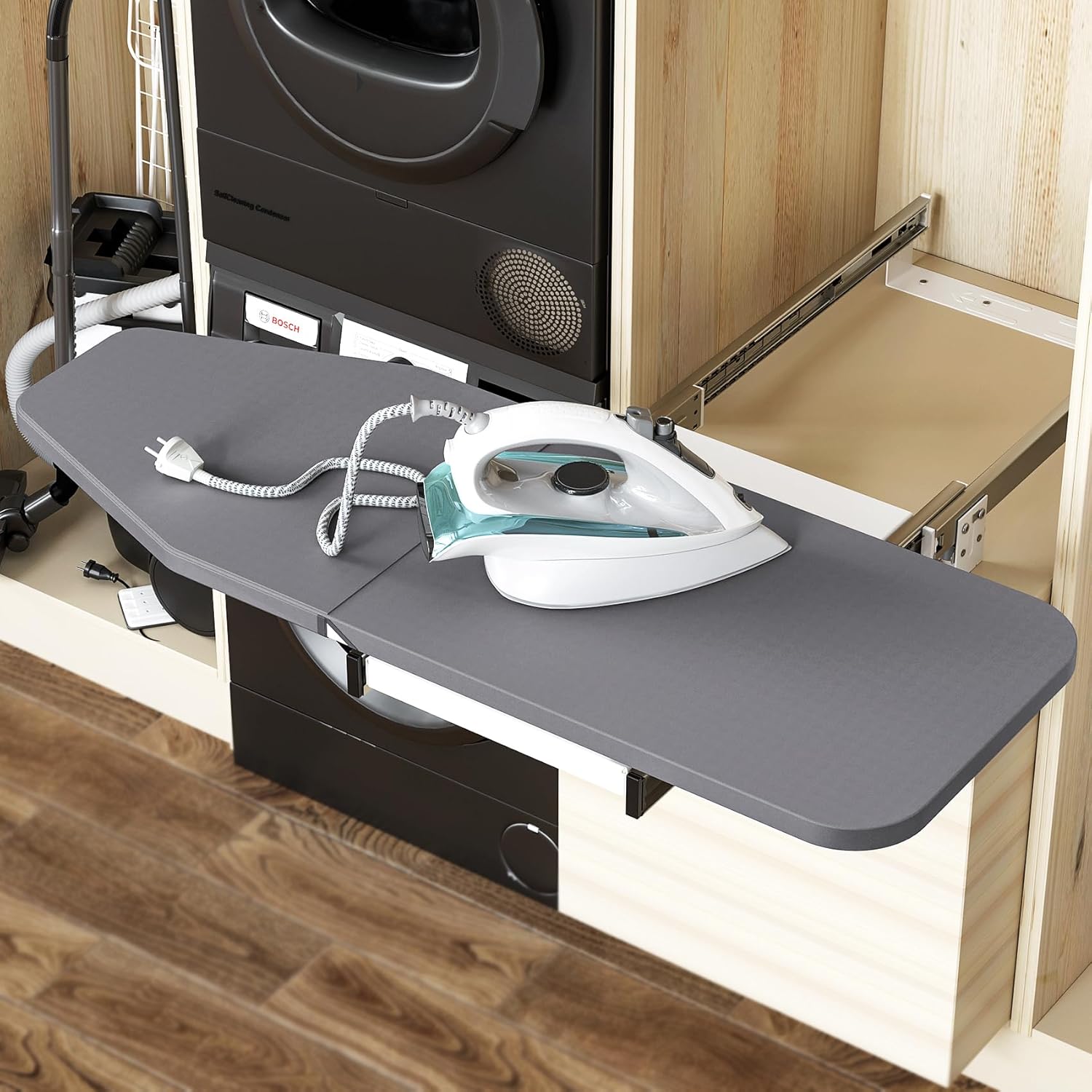 uyoyous 180° Drehung Ausziehbares Bügelbrett Faltbares Bügelbrett Schrank mit Hitzebeständige Baumwollabdeckung Bügelbretter für Schublade Garderobe Klappmaß L43cm x B30cm x H14cm Grau