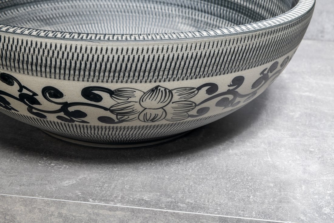Sapho Priori waskom rond 40cm blauw-wit met decoratie