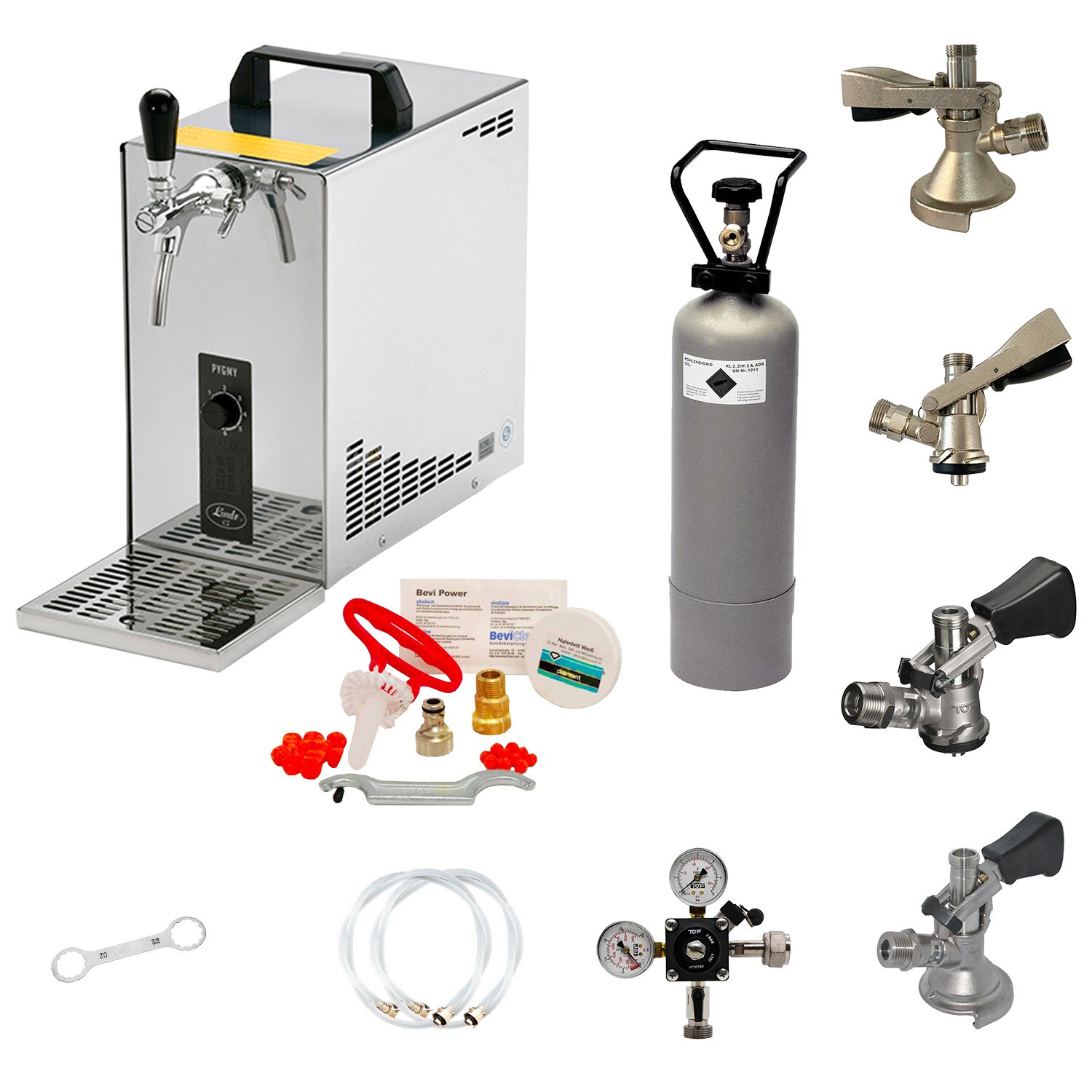 Komplett Set - Zapfanlage, Bierzapfanlage, Bierkoffer, Durchlaufkühler PYGMY 25 1-leitig Trockenkühler, 30 Liter/h, Reinigungsset für Zapfanlage und Keg, Zapfkopf:5 Liter Adapter