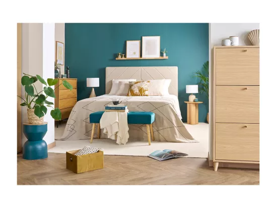 Table d'appoint ronde design avec rangement en métal bleu canard et bois manguier massif D30 cm YOYO